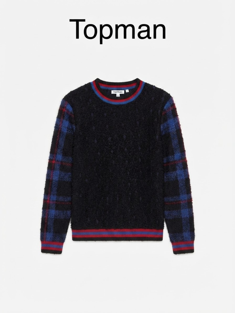 Topman Men's Black & Blue Fuzzy Plaid Crewneck Sweater Streetwear Size XS 0207